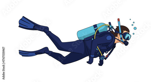 A person wearing full scuba diving equipment, including a mask, air tank, and fins, swimming horizontally.