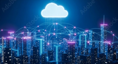 Digital cloud network over futuristic city - smart communication and data connectivity concept