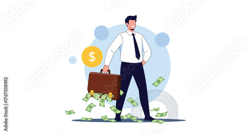 Successful businessman happily stands with an overflowing briefcase, symbolizing financial abundance and prosperity.