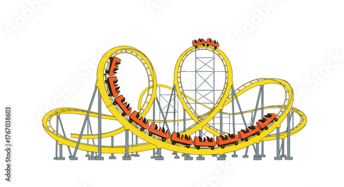 A vibrant yellow roller coaster with multiple exciting loops and twists features orange passenger cars, ready for a thrilling ride.