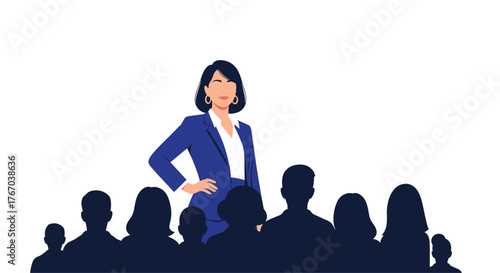 A confident businesswoman in a blue suit stands in front of a diverse silhouetted audience, representing leadership and public speaking.