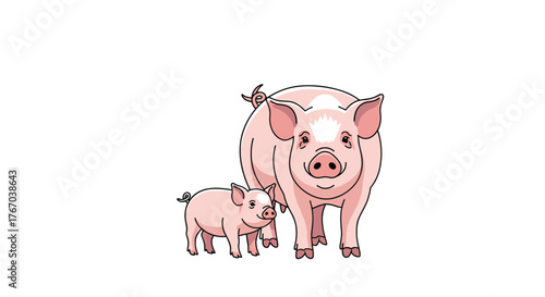 A happy cartoon mother pig and her piglet standing together on a white background, smiling and looking at the viewer.