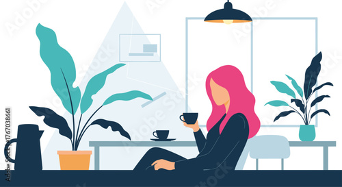A woman with pink hair relaxes and drinks coffee in a cozy, plant-filled cafe or home setting.