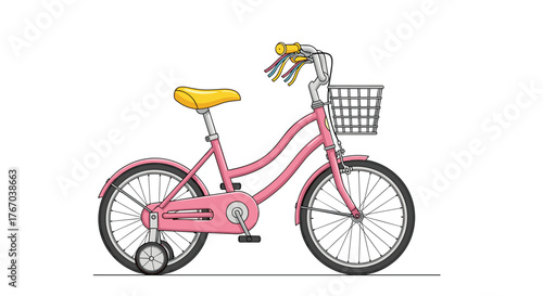 A delightful pink children's bicycle with a yellow seat, front basket, colorful handlebar streamers, and training wheels.