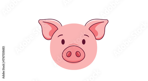 Cute cartoon pink pig head illustration, a friendly farm animal face with big ears and a round snout, isolated on white.