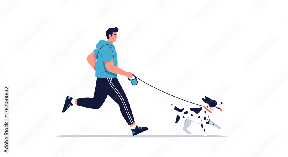 Obraz premium A smiling man in athletic wear runs with his happy spotted dog on a leash, enjoying an active outdoor walk or jog.
