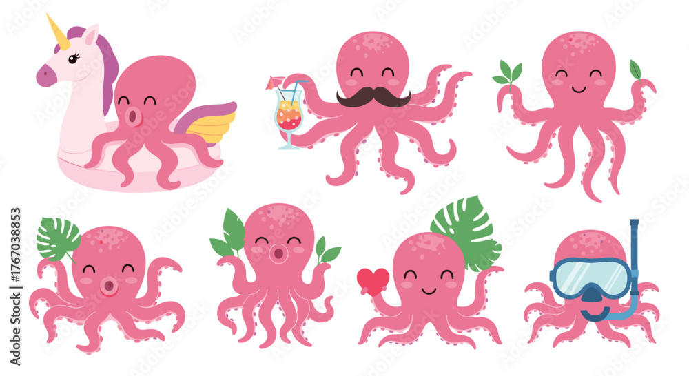 Obraz premium Cute pink octopus characters depicted in various playful and summer-themed illustrations.
