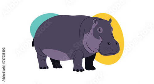 A cartoon illustration of a sturdy hippopotamus standing on a white background, flanked by abstract blue and yellow shapes.