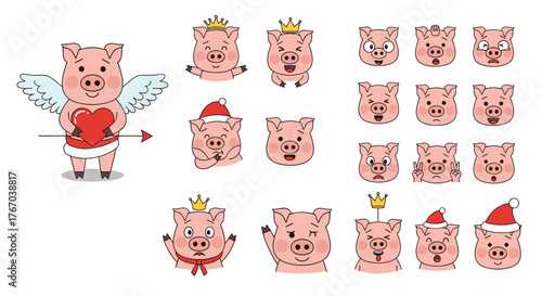 Collection of cute cartoon pig characters depicting various emotions, expressions, and festive costumes like Cupid, crowns, and Santa hats.