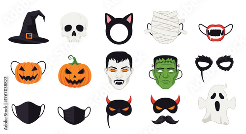 A festive collection of Halloween-themed elements including various masks, costumes, pumpkins, and party accessories on a white background.
