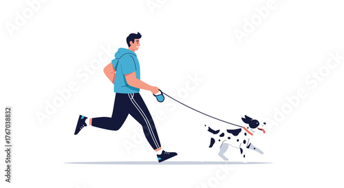 A smiling man in athletic wear runs with his happy spotted dog on a leash, enjoying an active outdoor walk or jog.