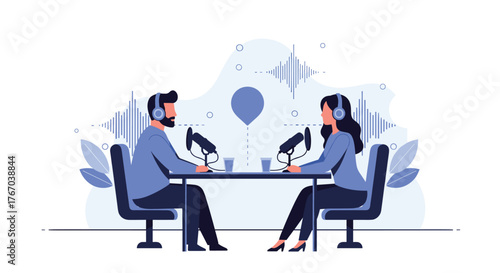 Professional male and female podcasters in headphones speaking into microphones, recording an episode in a creative studio with sound waves.