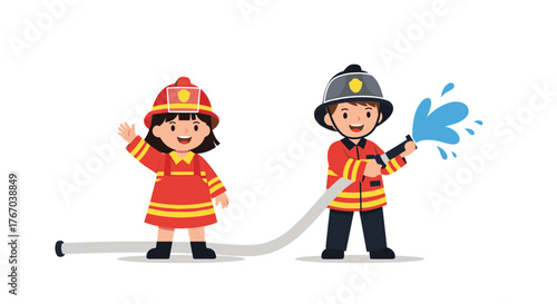 A cheerful young girl and boy, dressed as brave firefighters, engage in imaginative play with a fire hose.