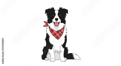 A happy black and white Border Collie dog wearing a festive red plaid bandana sits cheerfully against a clean white background.