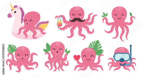 Cute pink octopus characters depicted in various playful and summer-themed illustrations.