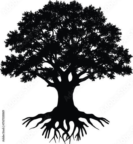 Tree with roots silhouette cartoon illustration, symbolic growth and expressive nature artwork for lifestyle, education, and emotional design