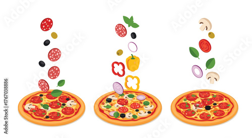 Various fresh pizza ingredients like pepperoni, olives, bell peppers, mushrooms, and basil falling onto three different pizzas, showcasing delicious preparation.