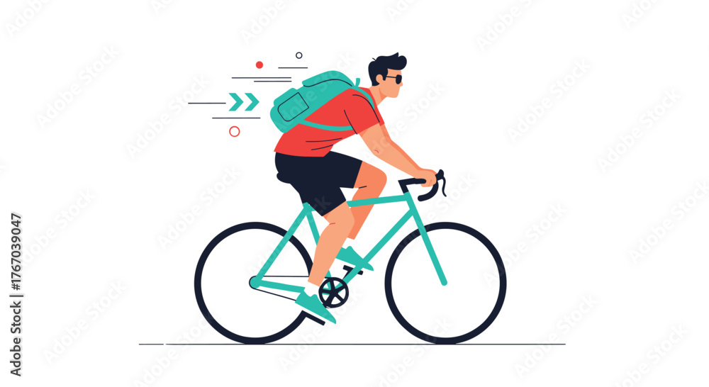 Fototapeta premium A sporty young man with a backpack and sunglasses speeds along on his bicycle, a modern flat illustration capturing active travel.