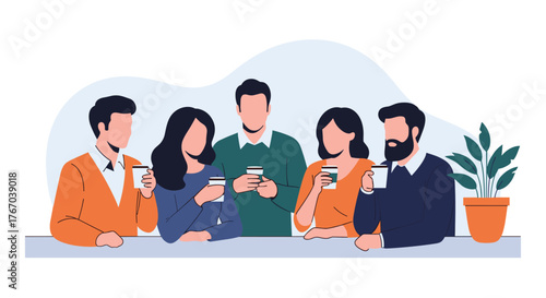 Diverse group of five colleagues or friends enjoying a coffee break, holding disposable cups and interacting in a casual setting.