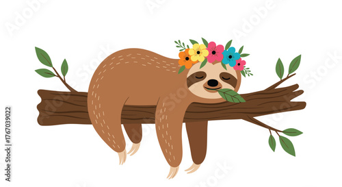 A cute and sleepy cartoon sloth wearing a vibrant floral crown, peacefully resting on a tree branch while holding a green leaf.