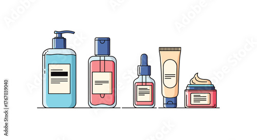 A diverse set of skincare and beauty products, including lotions, serums, and creams, presented in a minimalist flat vector illustration.