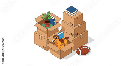 Isometric illustration of open and closed cardboard moving boxes packed with household items like a plant, books, and a rocking horse.