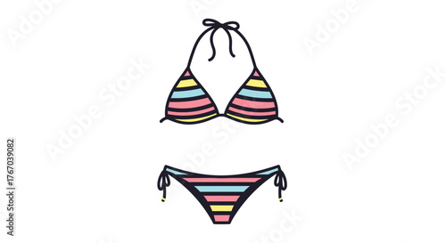 A cute and colorful striped two-piece bikini swimsuit, perfect for summer holidays and beach vacations.