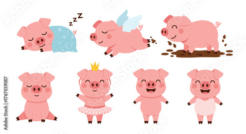 A charming collection of cute cartoon pink pigs showcasing various playful activities and adorable expressions on a white background.