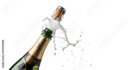 Champagne bottle opening with a splash of liquid and a popping cork, an invitation to a celebration