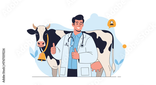 Smiling young male veterinarian in a lab coat giving a confident thumbs-up gesture while standing beside a healthy dairy cow with a bell.