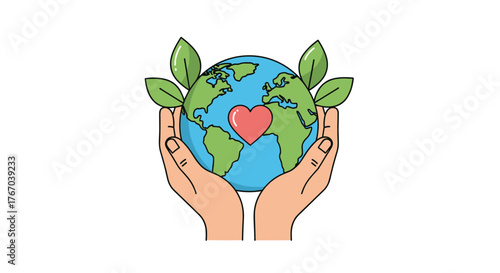 Hands gently hold a vibrant Earth, adorned with a loving heart and thriving green leaves, symbolizing global care and environmental sustainability.