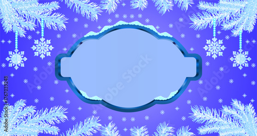 Beautiful winter background with icy blue frame, snowflakes, and frosty pine branches, perfect for Christmas cards, banners, and festive holiday templates.