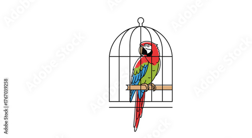 A brightly colored parrot with red, green, and blue feathers perches calmly on a wooden bar inside a classic birdcage.