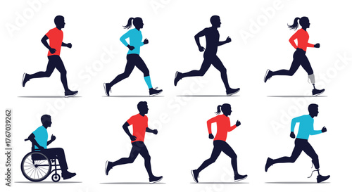 Diverse athletes of various genders and abilities, including individuals with prosthetic limbs and a wheelchair user, running and engaging in sport.