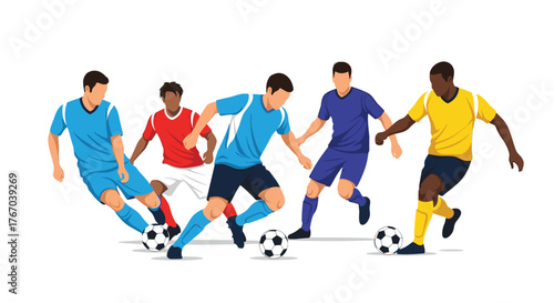 Five male soccer players from diverse teams actively dribble footballs on a clean white background, showcasing dynamic athletic competition.
