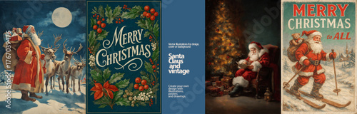 Classic Vintage Christmas Vector: Santa Claus on skis, reindeer, holly, and festive holiday scenes. Timeless illustrations for retro cards, winter designs, and seasonal magic.