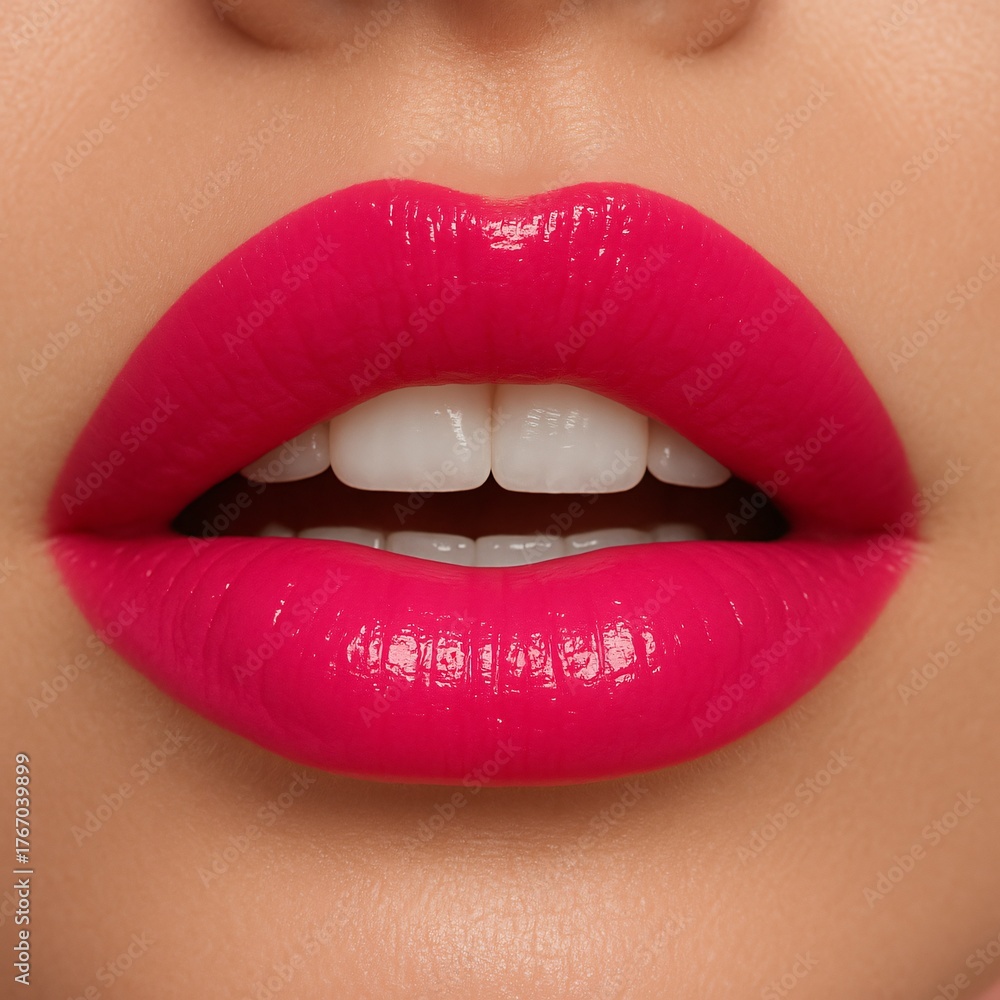 Obraz premium Bright pink glossy lipstick close up mouth