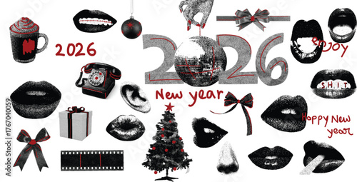 new year 2026 collage object collection stipple effect grung grain effect 