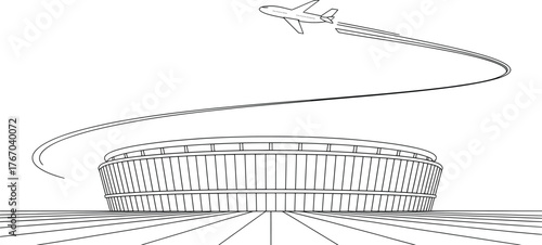 Airplane Flying Over Stadium Line Art Vector Illustration.