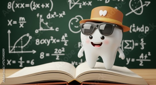 Smiling tooth character wearing sunglasses on open book