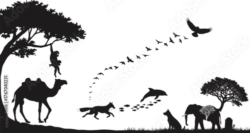 Wildlife and human interaction silhouette cartoon illustration, symbolic harmony and expressive nature artwork for lifestyle and emotional design
