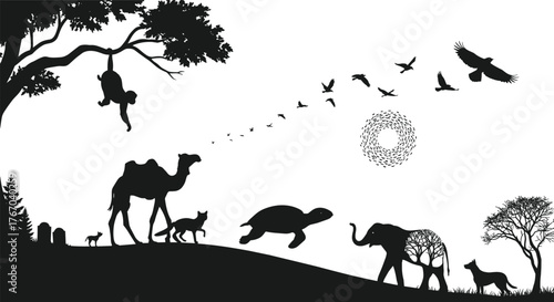 Wildlife and nature cycle silhouette cartoon illustration, symbolic coexistence and expressive storytelling artwork for lifestyle and emotional design