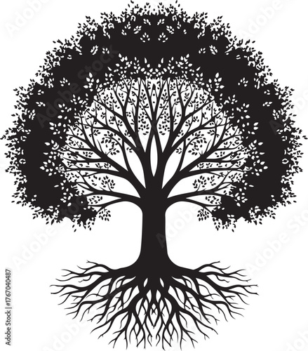 Black silhouette of a tree with roots