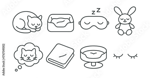 Line style icons of pet sleep: curled up pose, cozy bed, sleep mask, night toy, dream cloud, pet blanket, nap spot, closed eyes.