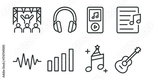 Line style icons of music and sound: concert, headphones, mobile audio player, playlist, waveform, equalizer, festival, genre. No