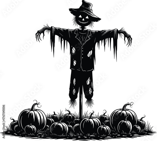 Spooky silhouette scarecrow surrounded by harvest pumpkins on a white background