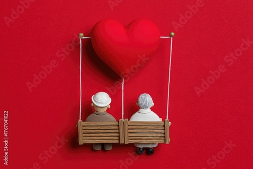 Elderly couple figurine swinging under red heart love