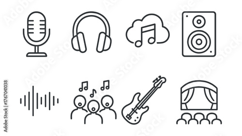 Line style icons of music and sound: podcast mic, DJ headset, music cloud, studio monitor, audio waveform, chorus group, bass