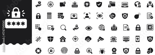 Security services solid icon set features lock, password, encryption, firewall, data security, fingerprint shield and surveillance symbols for cyber and physical protection. Professional vector icons.