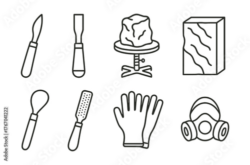 Line vector icons of sculpture tools: clay knife, chisel, sculpting stand, carving block, modeling wire, rasp, gloves, protective
